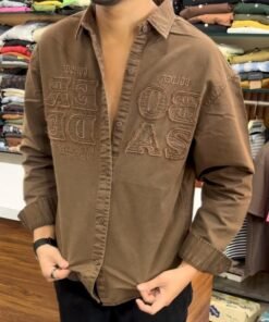 Men's Brown Oversized Applique Shirt - Full Sleeve Washed Cotton Drop Shoulder Overshirt